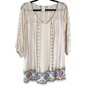 Flying Tomato Womens Embroidered Peasant Blouse XL Cream Lace Folk Boho Tunic